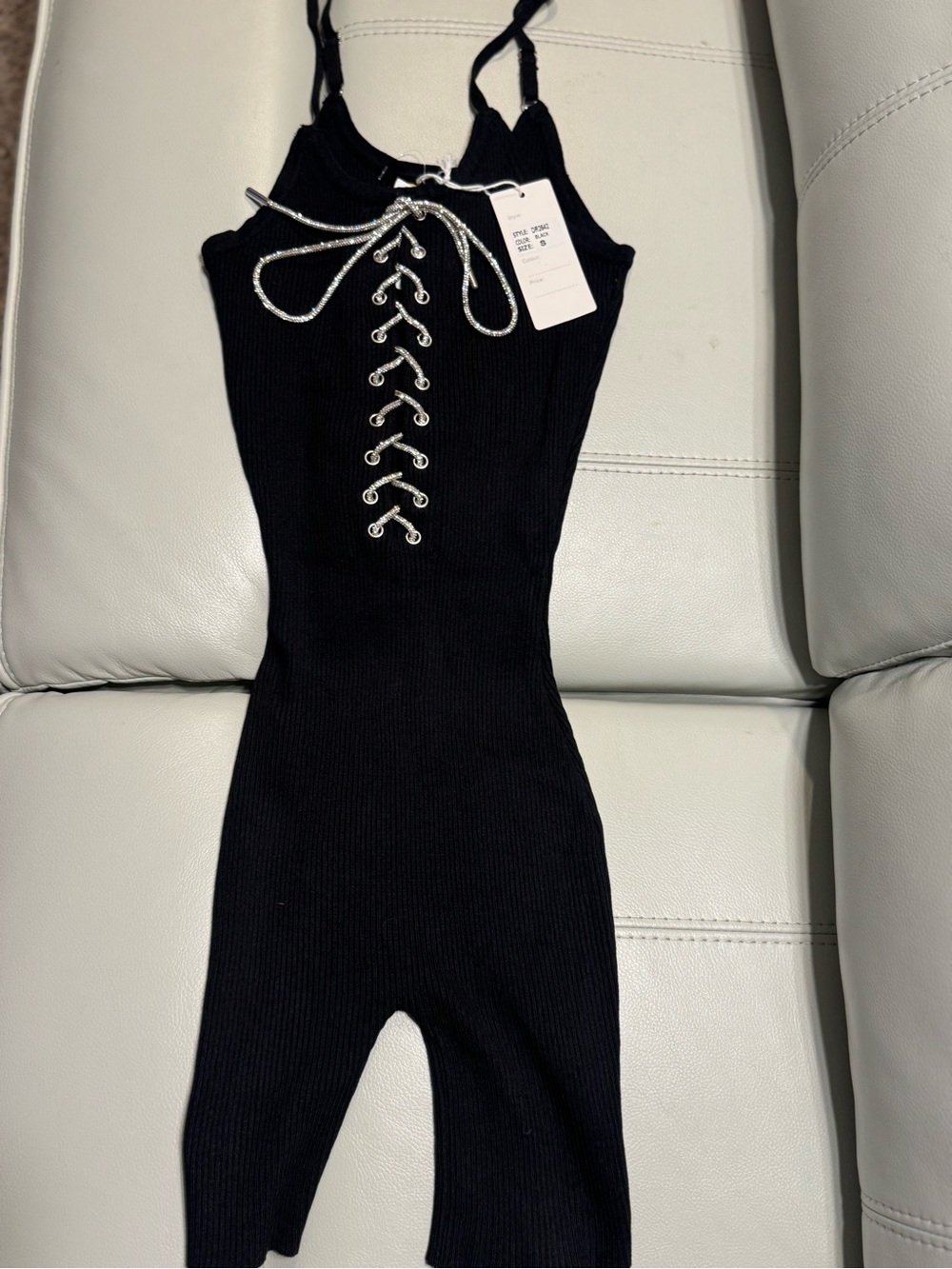 Daisy Black Ribbed Lace-Up Tank with Sparkling Silver Tie
